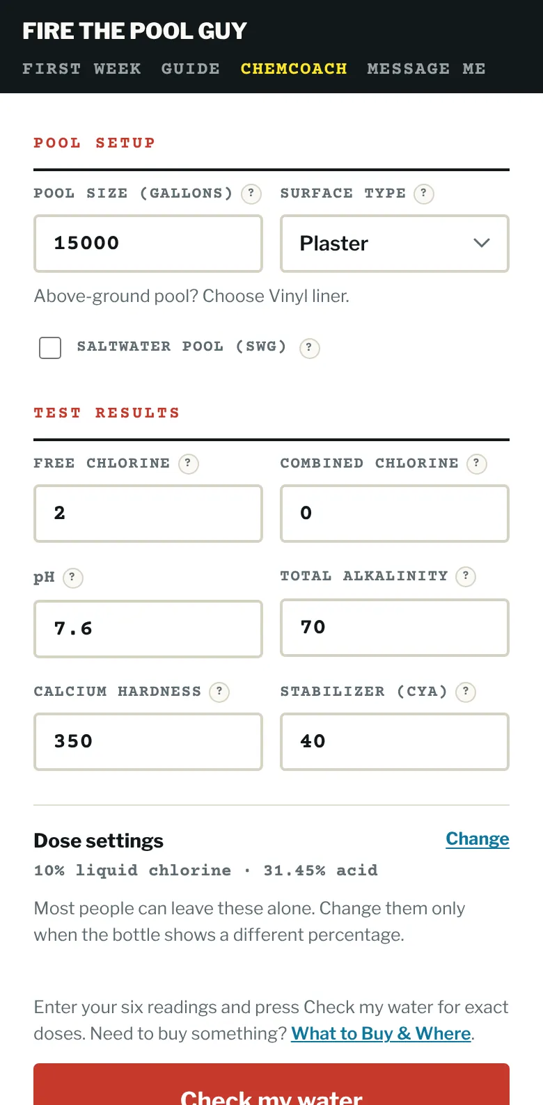 The app on a phone: pool size and surface at the top, then boxes for six test results.