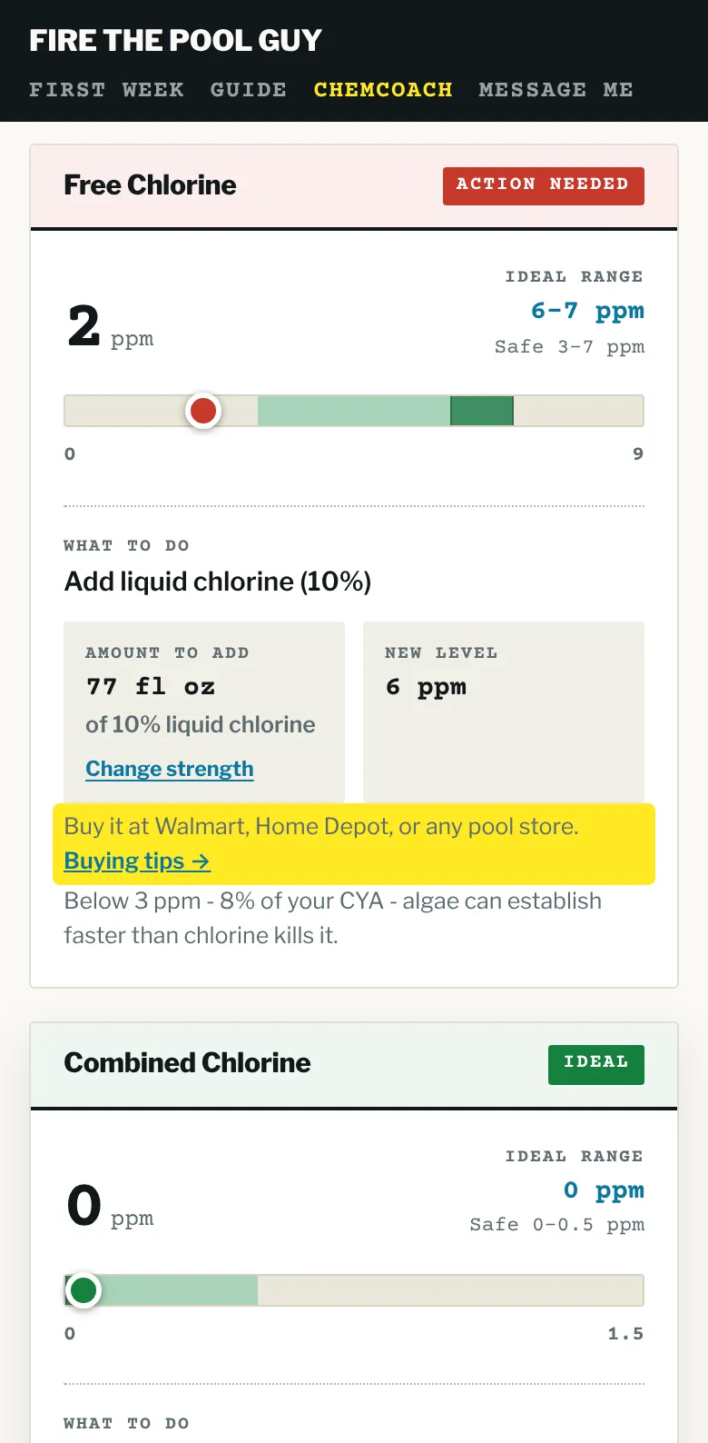 The app's answer for one reading: add 77 fl oz of 10% liquid chlorine, buy it at Walmart, Home Depot, or any pool store.
