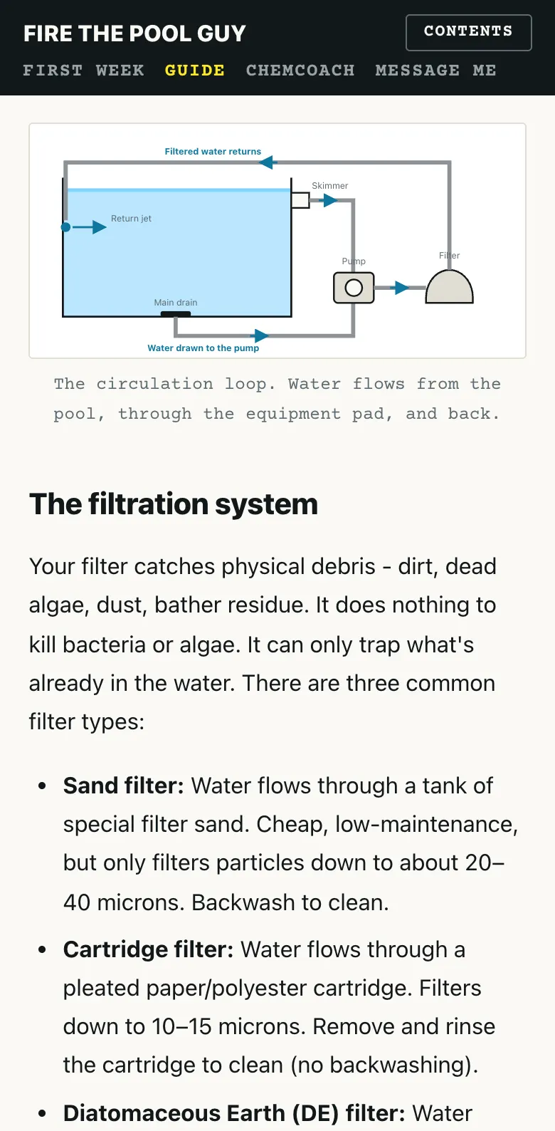 A page of the handbook on a phone: a diagram of water flowing from the pool through the pump and filter and back, then the section on the filtration system.